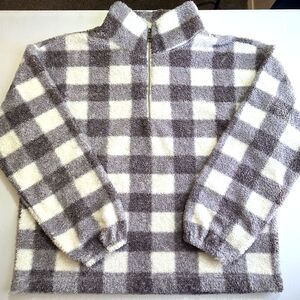 Loft Women's Long Sleeve 1/4 Zip Buffalo Check Gray/Off-White Sherpa Fleece Size